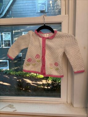 Baby Girl Knit Cardigan with Pink Trim and Floral Embroidery